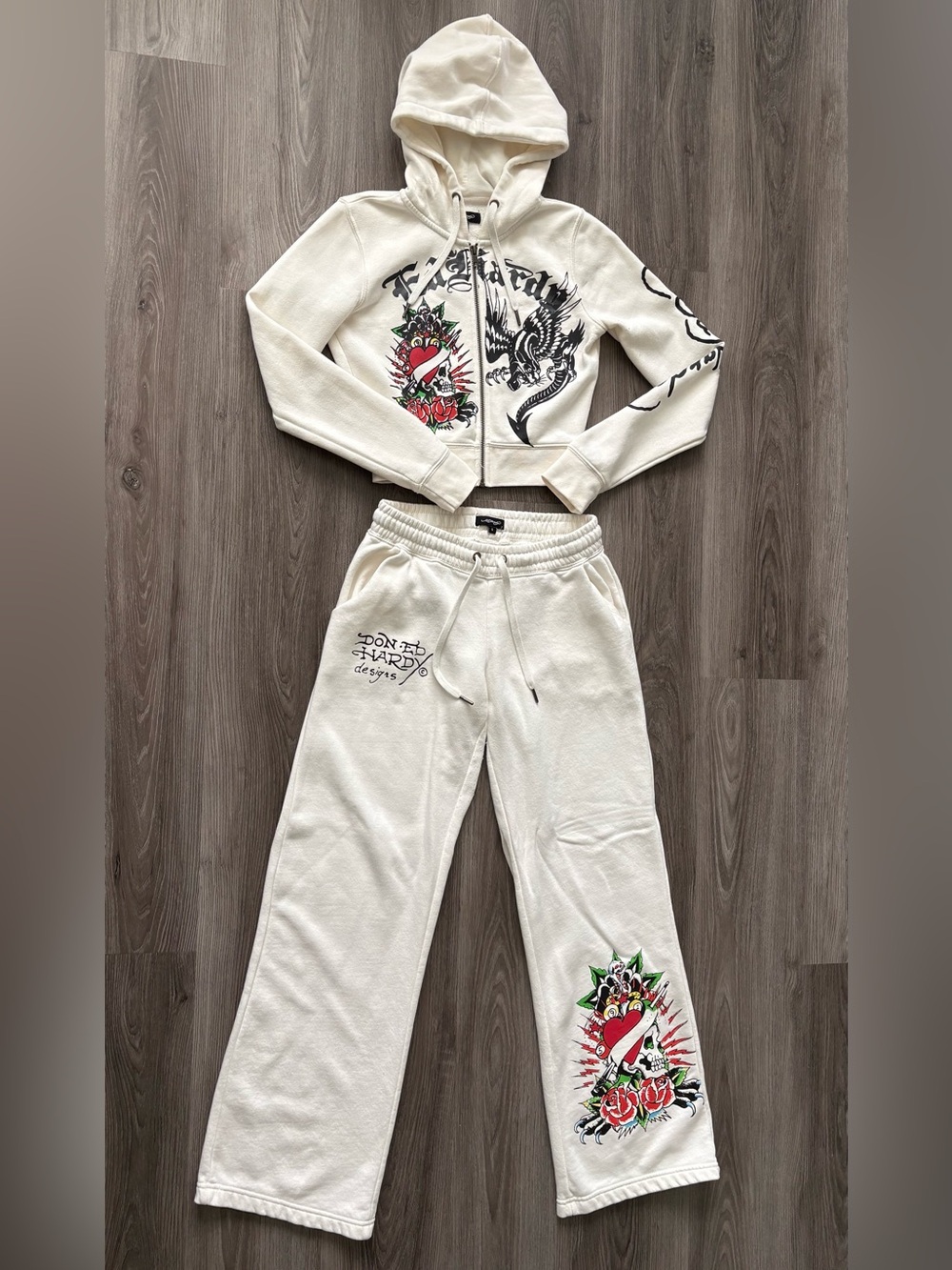 Ed Hardy Cream Hoodie & Sweatpants Set with Red, Green & Black Graphics